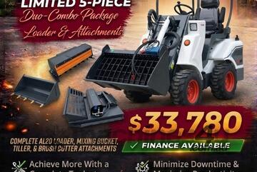  Ozziquip AL20 Mini Loader 4-in-1 with Mixing Bucket, Tiller and Brush Cutter 5-Piece Package