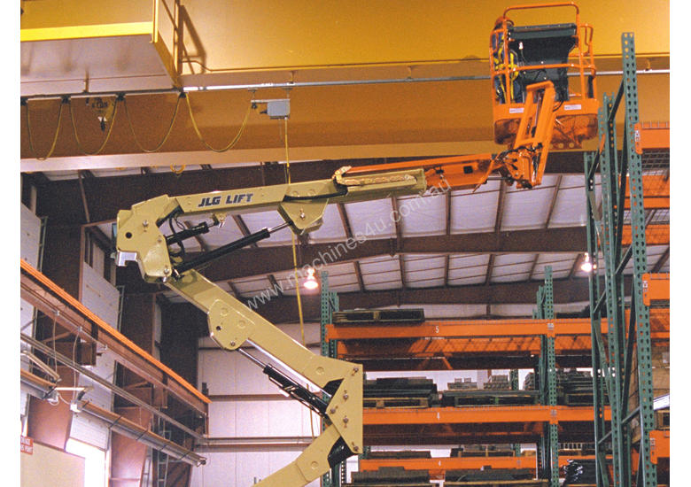 caption JLG E400AJP 40ft Electric Narrow Knuckle Boom Lift – Compact Design & Exceptional Reach
