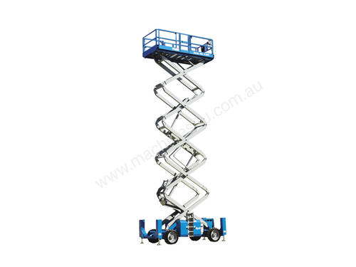 caption Genie GS-5390RT 53ft RT Self-Levelling Diesel Scissor Lift – Enhanced Terrainability, High Capacity!