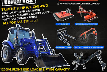TRIDENT 90HP A/C CAB 4WD TRACTOR COMBO DEAL (1200kg front loader lift capacity)