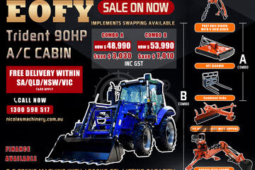 2024 EOFY TRIDENT 90HP A/C CAB 4WD TRACTOR COMBO DEAL (1200kg front loader lift capacity)