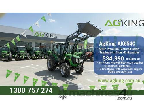 AgKing - 65HP Premium Cabin Tractor with Front End Loader - Rotary Hoe - Pallet Forks Plus More!