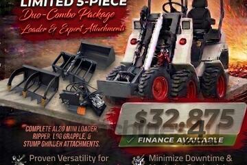   Ozziquip AL20 Mini Loader 4-in-1 with Ripper, Log Grapple and Stump Grinder 5-Piece Package