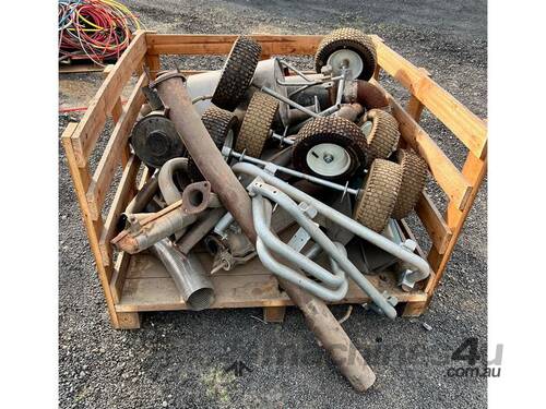 WOODEN CRATE OF MULLFERS, WHEELS ETC