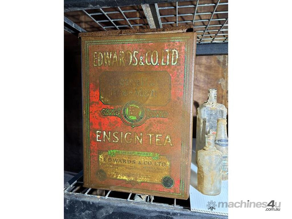 Used LG ENSIGN TEA TIN & ASSORTED GLASS BOTTLES LG ENSIGN TEA TIN