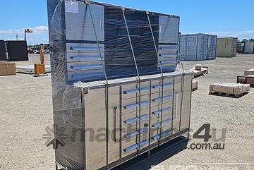 Unused 7' Work Bench/Tool Cabinet, 18 Drawers, 4 Doors
