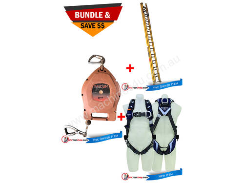 Branach Extension Ladder 4.6 to 7.6m Fibreglass, Exofit Safety Harness and Fall Arrestor