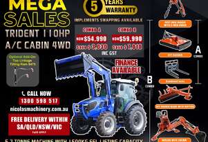 Trident MEGA SALE 110HP 4WD A/C Cabin Tractor with 4-in-1 Bucket Combo Deal (5 Years Warranty)
