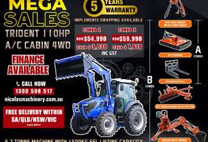 Trident MEGA SALE 110HP 4WD A/C Cabin Tractor with 4-in-1 Bucket Combo Deal (5 Years Warranty)