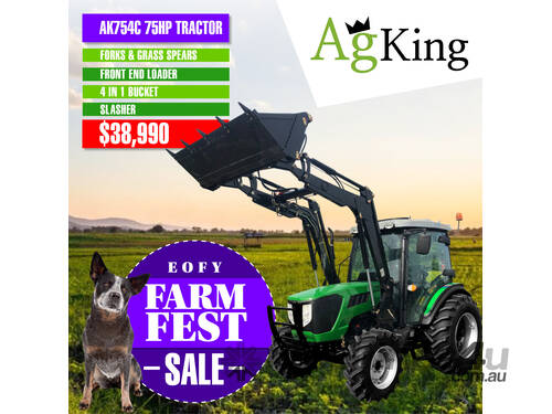 75hp Tractor - AK754C CABIN Tractor with Front-End Loader 4in1 Bucket - Slasher - Forks & Spears!