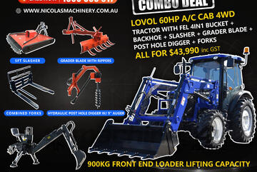 LOVOL 60HP A/C CAB 4WD TRACTOR COMBO DEAL (900kg front loader lift capacity)