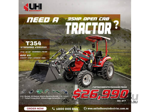 caption NOW, DO YOU NEED A TRACTOR (NEW UHI T354 TRACTOR WITH 7 ATTACHMENTS, WA ONLY)