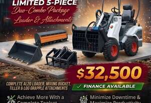 New Ozziquip AL20 Mini Loader 4-in-1 with Mixing Bucket, Tiller and Log Grapple 5-Piece Package