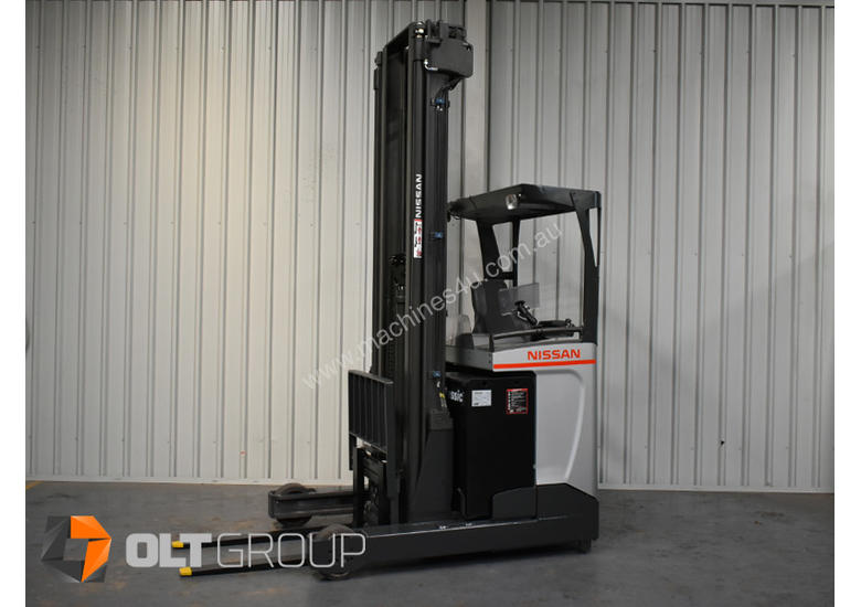 caption Nissan High Lift Ride Reach Truck 7.95m Mast 2 Tonne Forklift Suit Warehouse Environment Low Hours