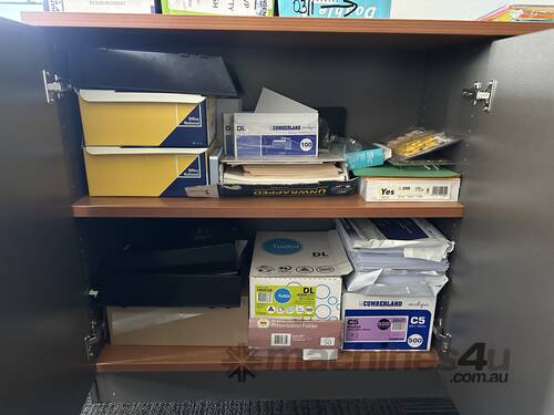 Corner Desk, Cupboard & Contents