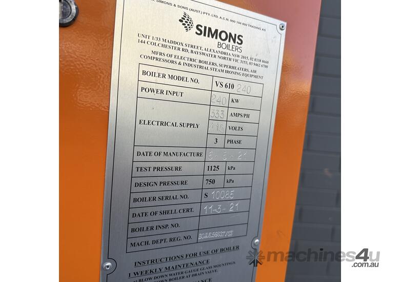 SIMONS BOILERS VS610 240kW 415V 3 phase 750kPa Steam boiler 2021
