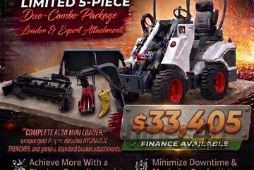   Ozziquip AL20 Mini Loader 4-in-1 with Ripper, Trencher and Wood Grapple 5-Piece Package