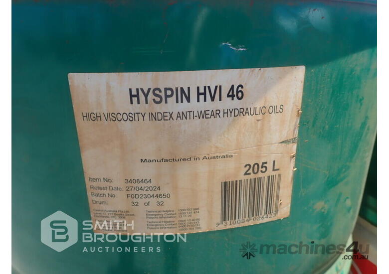 Used 4 X 205 LITRE CASTROL HYSPIN HVI 46 ANTIWEAR HYDRAULIC OIL