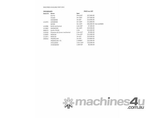 Pressbrakes as per attached excel sheet  and pdf 