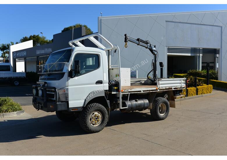 caption 2010 MITSUBISHI FUSO CANTER Tray Truck - 4X4 - Truck Mounted Crane - Tray Top Drop Sides