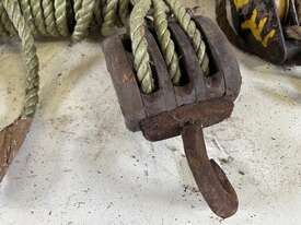 QTY OF 2 ROPE PULLEYS (I TIMBER, 1 STEEL) - picture1' - Click to enlarge