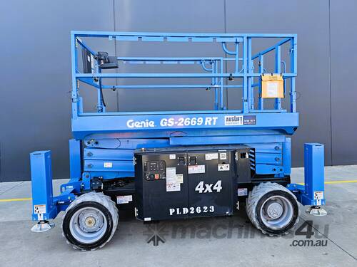 caption 2021 Genie GS-2669 RT 26ft Rough Terrain, Self Levelling Diesel Scissor Lift
