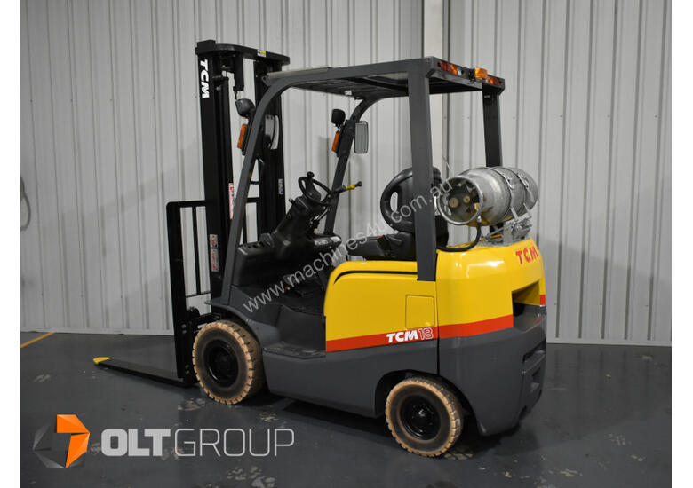caption TCM 1.8 Tonne LPG Forklift 2 Stage Mast Solid Markless Tyres Nissan K21 Engine Sideshift