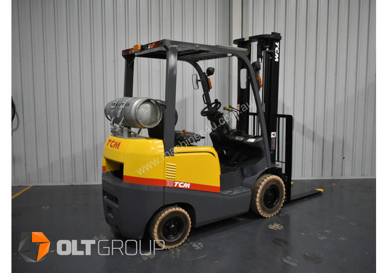 caption TCM 1.8 Tonne LPG Forklift 2 Stage Mast Solid Markless Tyres Nissan K21 Engine Sideshift