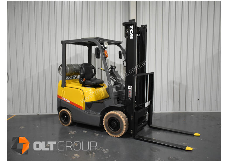 caption TCM 1.8 Tonne LPG Forklift 2 Stage Mast Solid Markless Tyres Nissan K21 Engine Sideshift