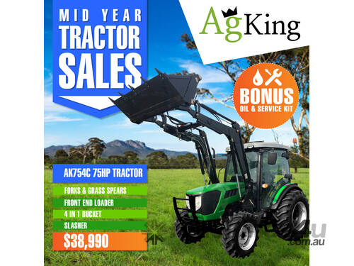 AgKing -75HP AK754C CabinTractor with FEL 4in1 Bucket & Package Slasher Forks & Spears