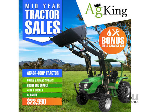 AgKing - 40HP Tractor ROPS 4WD AK404BP with FEL & 4in1 Bucket PLUS Slasher, Forks and Spears