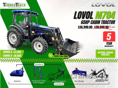 caption TANNERTRACK - LOVOL M704 65HP 4WD Cabin Tractor inc Loader & 4in1 Bucket