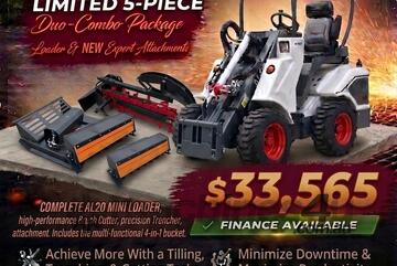   Ozziquip AL20 Mini Loader 4-in-1 with Tiller, Brush Cutter and Trencher 5-Piece Package