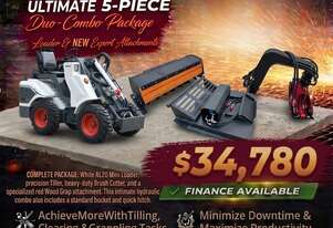 New Ozziquip AL20 Mini Loader 4-in-1 with Tiller, Brush Cutter and Wood Grapple 5-Piece Package