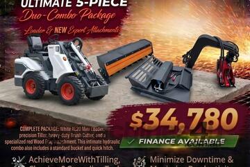   Ozziquip AL20 Mini Loader 4-in-1 with Tiller, Brush Cutter and Wood Grapple 5-Piece Package