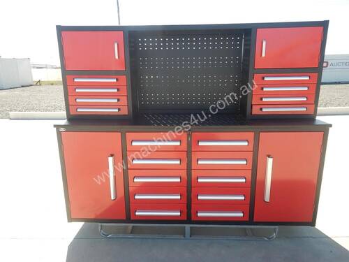 2.1m Work Bench/Tool Cabinet, 18 Drawers, 2 Doors (Red)