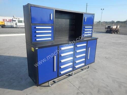2.1m Work Bench/Tool Cabinet, 18 Drawers, 2 Doors (Blue)