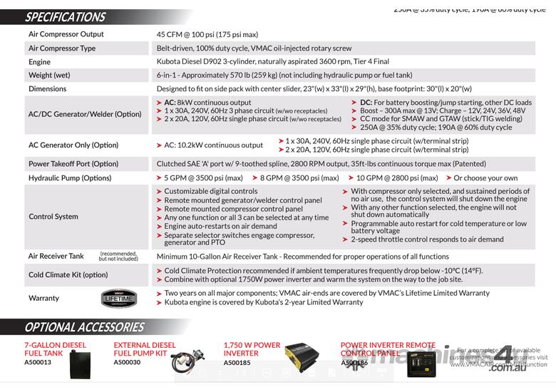 caption VMAC Kubota, Multifunction 6 IN 1, Compressor, welder, generator, battery charger, 2800 RPM PTO.