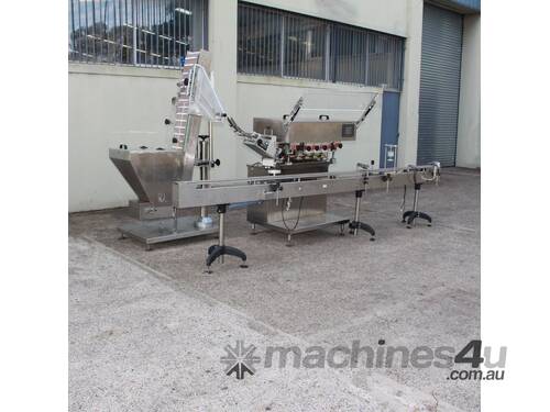 Inline Automatic Capper with Elevator Hopper Feeder & Conveyor