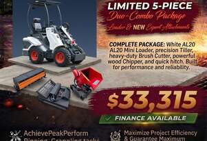 New Ozziquip AL20 Mini Loader 4-in-1 with Tiller, Brush Cutter and Chipper 5-Piece Package