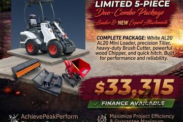   Ozziquip AL20 Mini Loader 4-in-1 with Tiller, Brush Cutter and Chipper 5-Piece Package