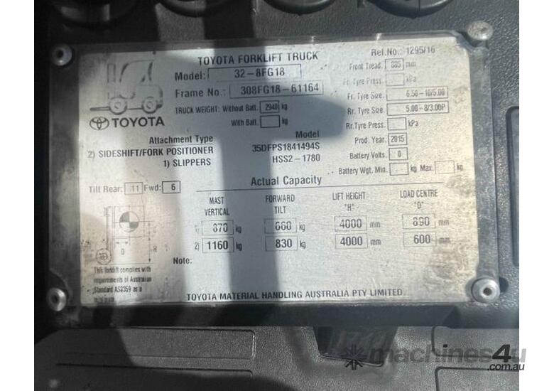 Toyota 1800kg LPG Forklift With 4000mm 2 Stage Mast, Sideshift, & Cascade Fork Positioner Clamp