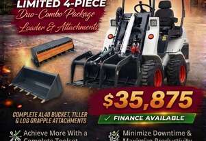Brand New Ozziquip AL40 Mini Loader 4-in-1 with Tiller & Log Grapple 4-Piece Package