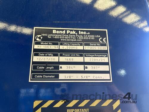 2006 Bendpak MX10ACX168 4500kg 2 Post Car Hoist - 3 Phase