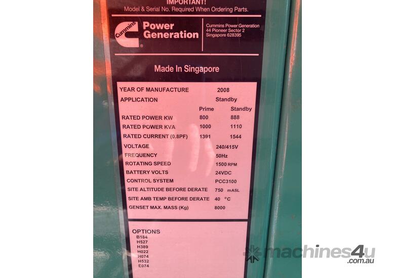 Buy Used 2008 Cummins Cummins 1100kVA Enclosed Generator Industrial