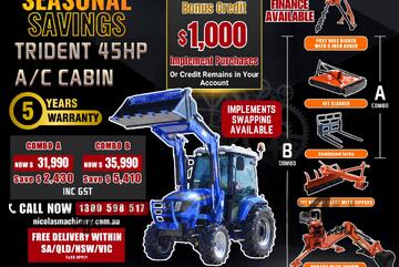 TRIDENT SEASONAL SAVINGS 45HP 4WD A/C CABIN TRACTOR WITH 4IN1 BUCKET COMBO DEAL 5 YEARS WARRANTY