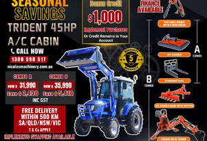 TRIDENT SEASONAL SAVINGS 45HP 4WD A/C CABIN TRACTOR WITH 4IN1 BUCKET COMBO DEAL 5 YEARS WARRANTY