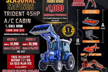TRIDENT SEASONAL SAVINGS 45HP 4WD A/C CABIN TRACTOR WITH 4IN1 BUCKET COMBO DEAL 5 YEARS WARRANTY