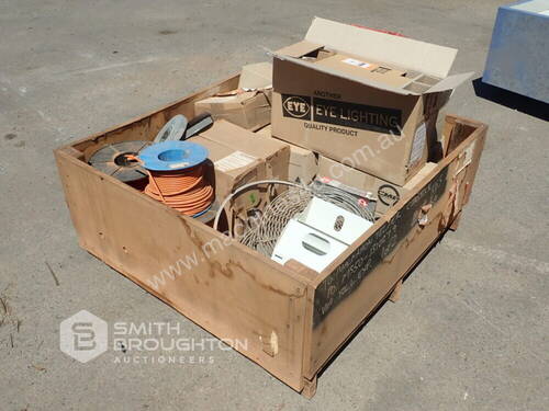 CRATE OF ASSORTED GRINDING WHEELS, ELECTRICAL CABLE, ELECTRICAL COMPONENTS & LIGHTS