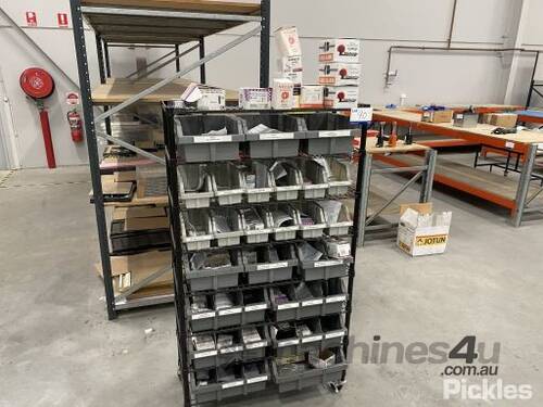 Mobile Parts Shelf With Parts Bins & Contents